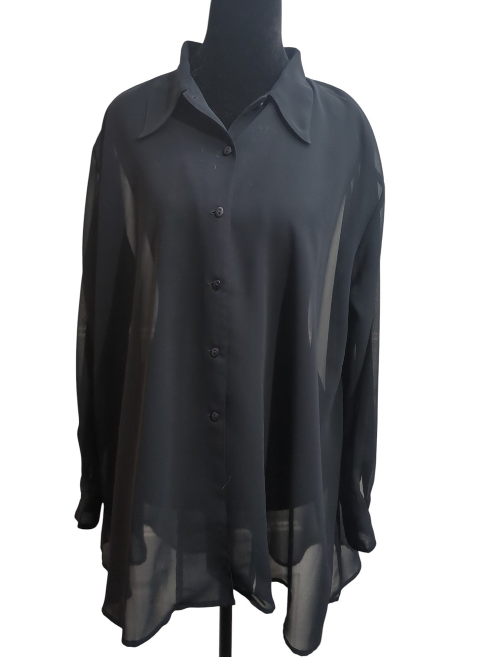 90's Vintage Black Sheer Chiffon Button Front Top Small Oversize Minimalist